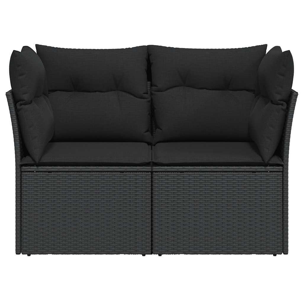 vidaXL Sofa ogrodowa z poduszkami, 2-osobowa, czarna, z polirattanu