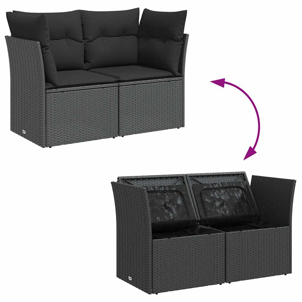 vidaXL Sofa ogrodowa z poduszkami, 2-osobowa, czarna, z polirattanu