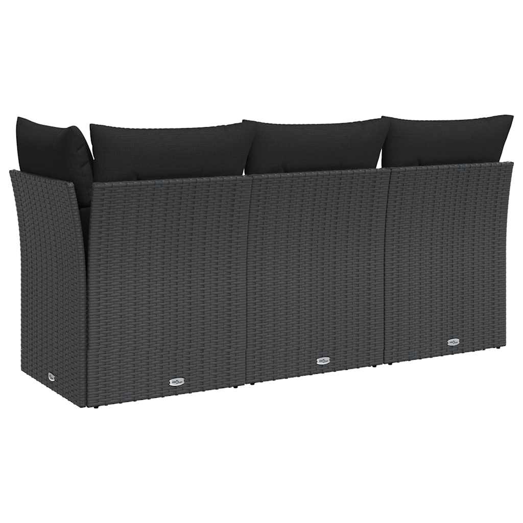 vidaXL Sofa ogrodowa z poduszkami, 3-osobowa, czarna, z polirattanu
