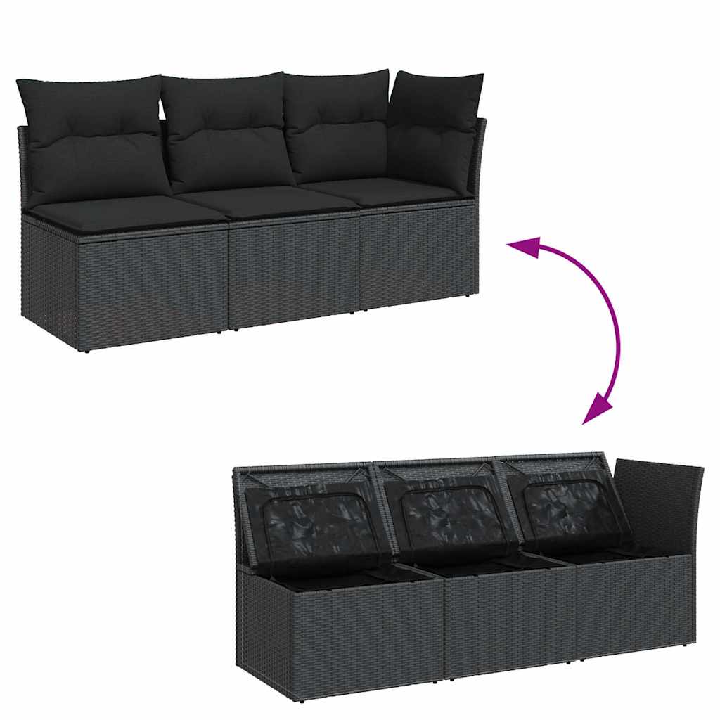 vidaXL Sofa ogrodowa z poduszkami, 3-osobowa, czarna, z polirattanu