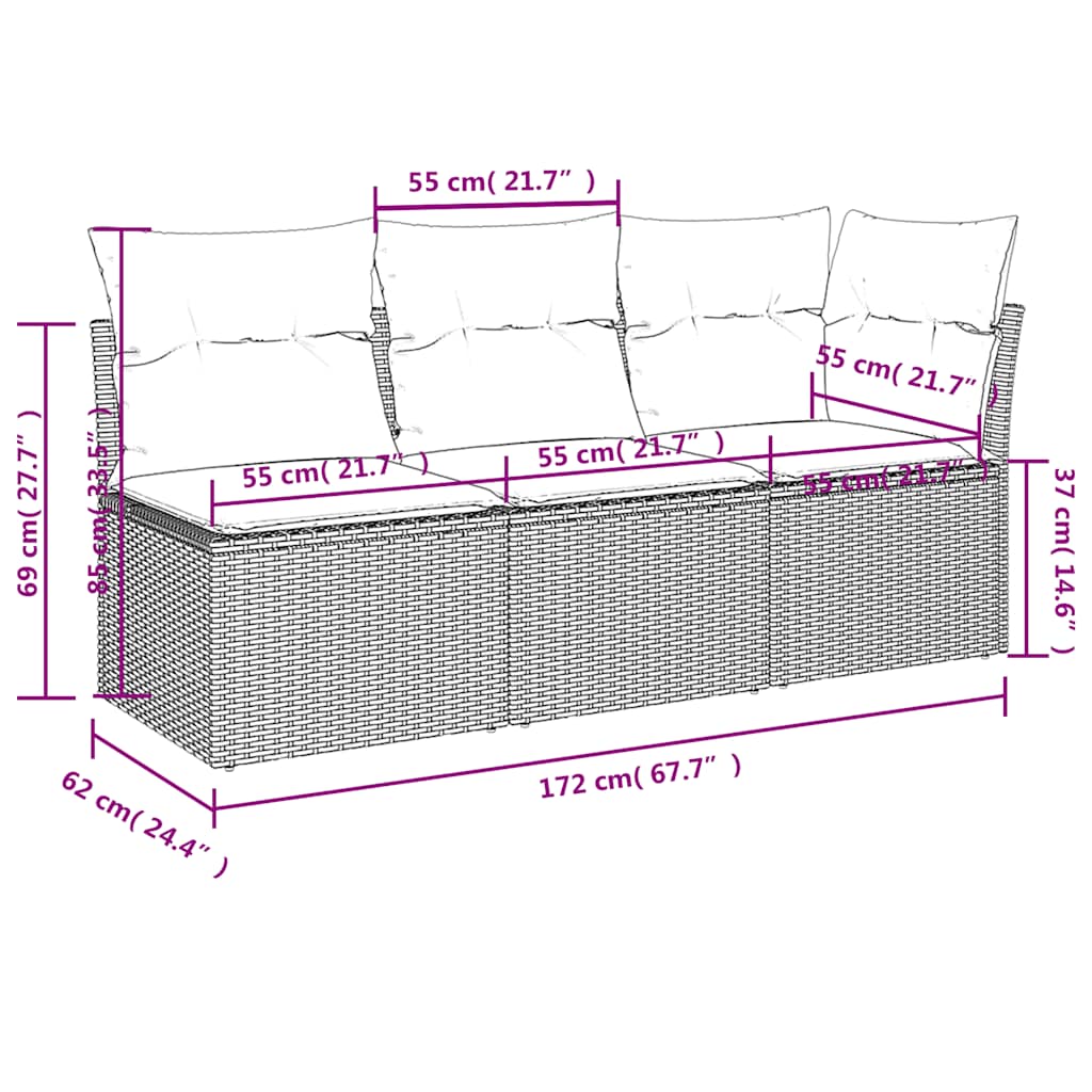 vidaXL Sofa ogrodowa z poduszkami, 3-osobowa, czarna, z polirattanu