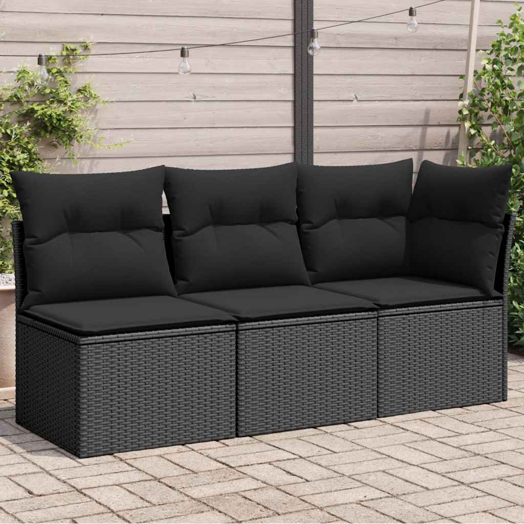vidaXL Sofa ogrodowa z poduszkami, 3-osobowa, czarna, z polirattanu