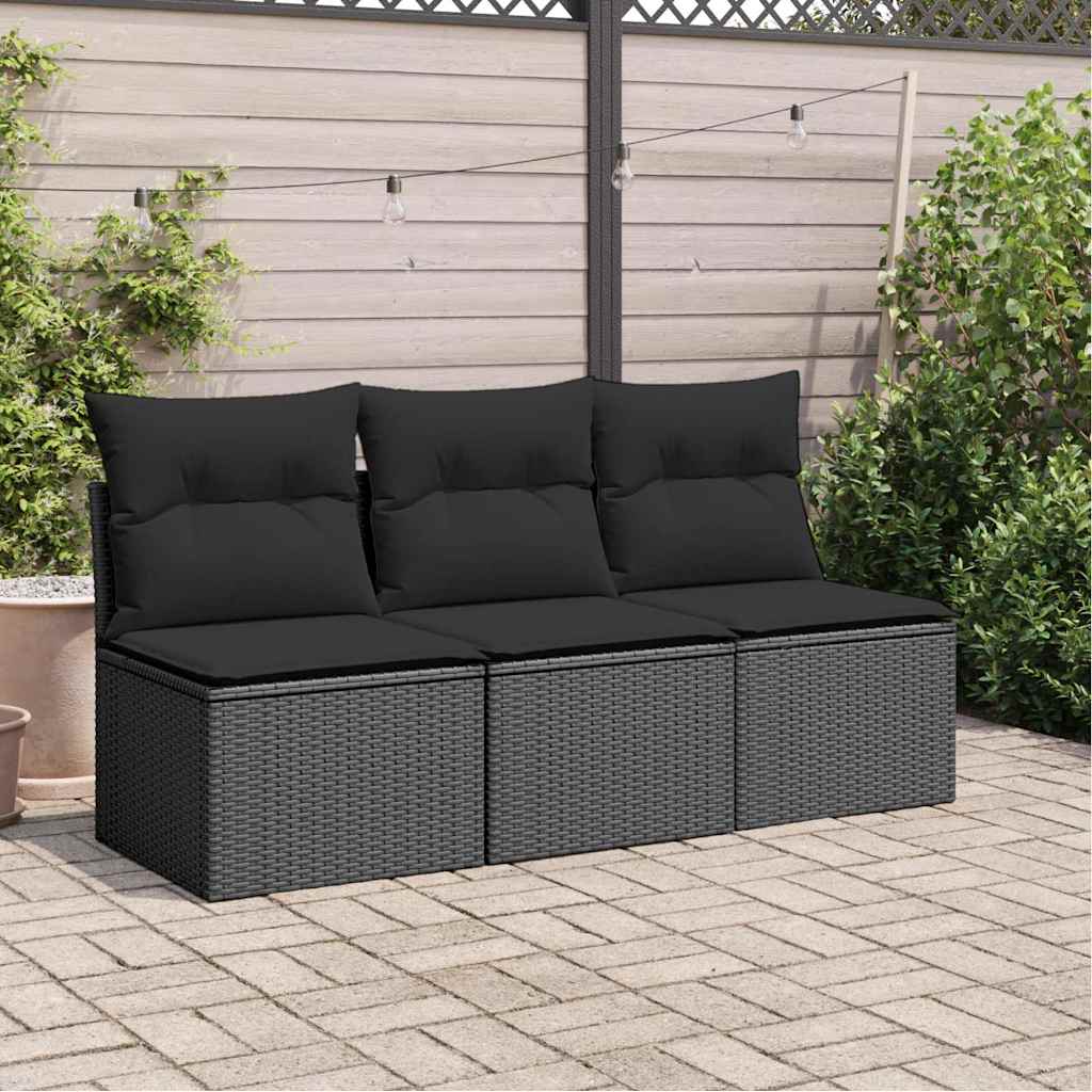 vidaXL Sofa ogrodowa z poduszkami, 3-osobowa, czarna, z polirattanu