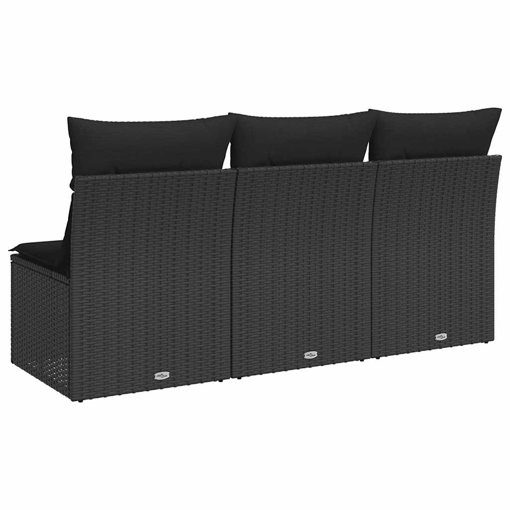 vidaXL Sofa ogrodowa z poduszkami, 3-osobowa, czarna, z polirattanu