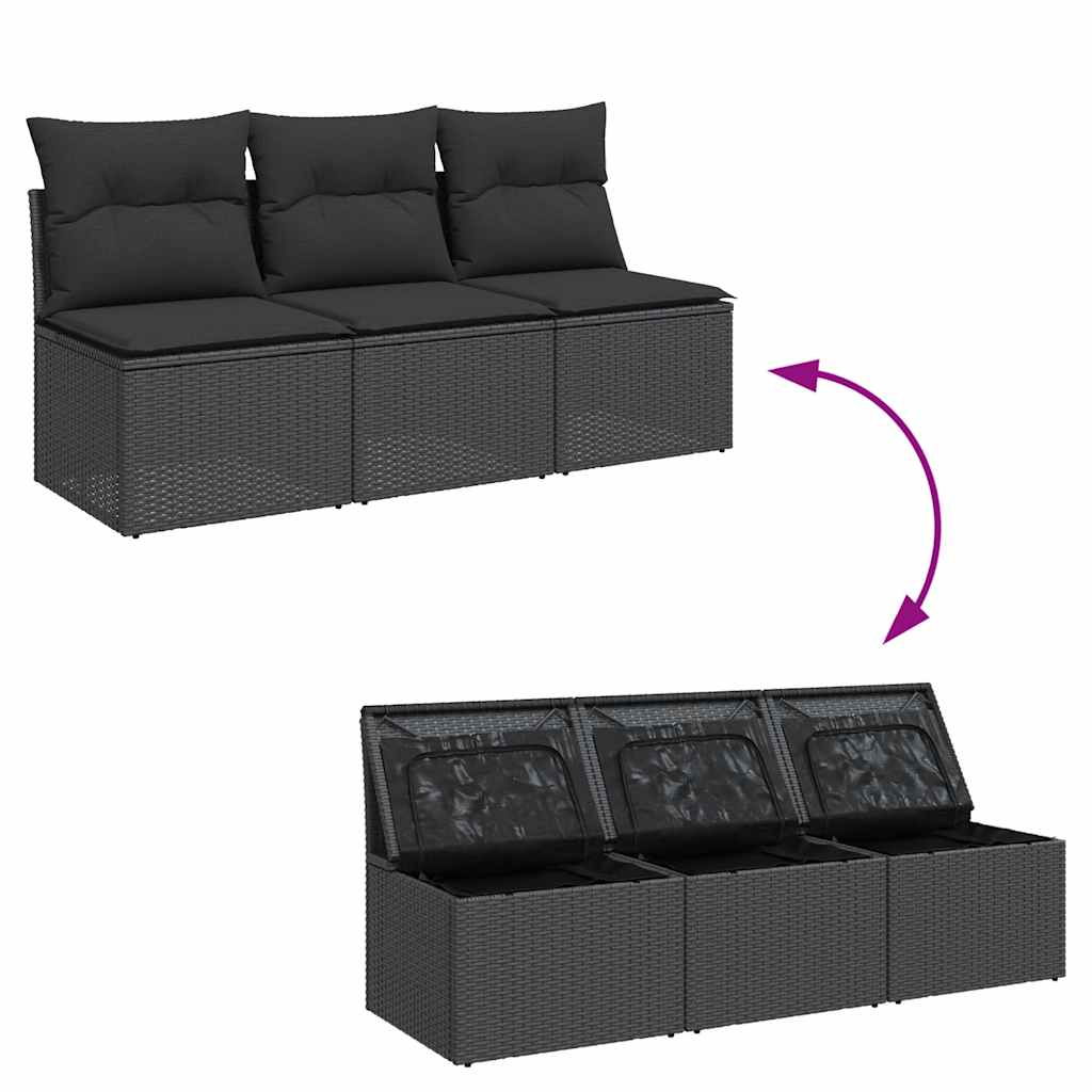 vidaXL Sofa ogrodowa z poduszkami, 3-osobowa, czarna, z polirattanu