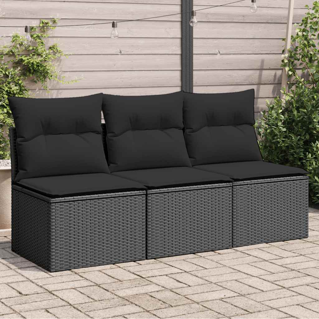 vidaXL Sofa ogrodowa z poduszkami, 3-osobowa, czarna, z polirattanu