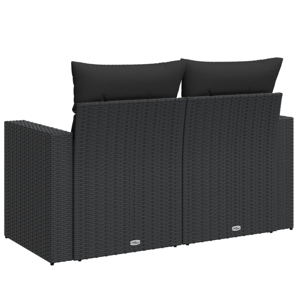 vidaXL Sofa ogrodowa z poduszkami, 2-osobowa, czarna, z polirattanu