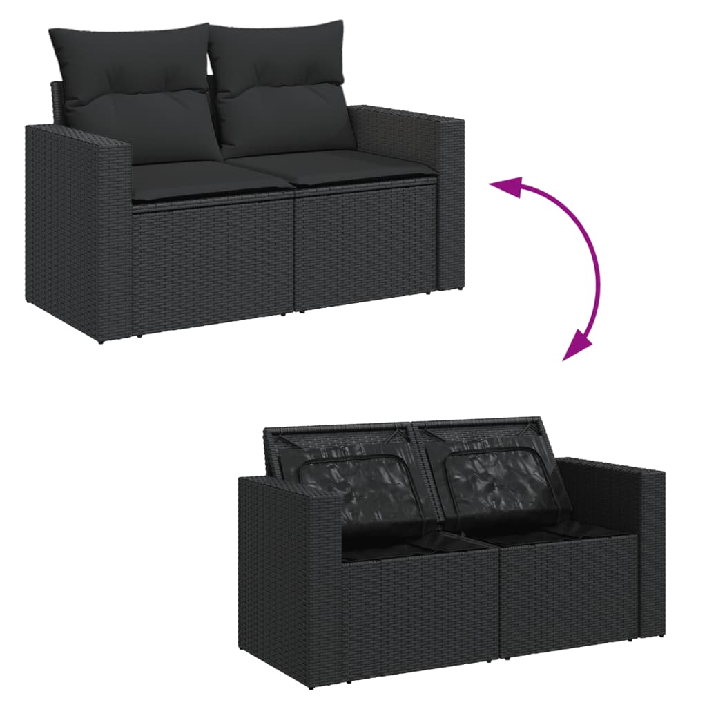vidaXL Sofa ogrodowa z poduszkami, 2-osobowa, czarna, z polirattanu