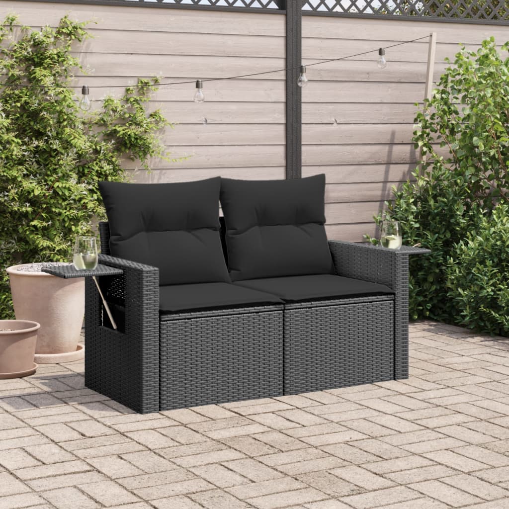 vidaXL Sofa ogrodowa z poduszkami, 2-osobowa, czarna, polirattan