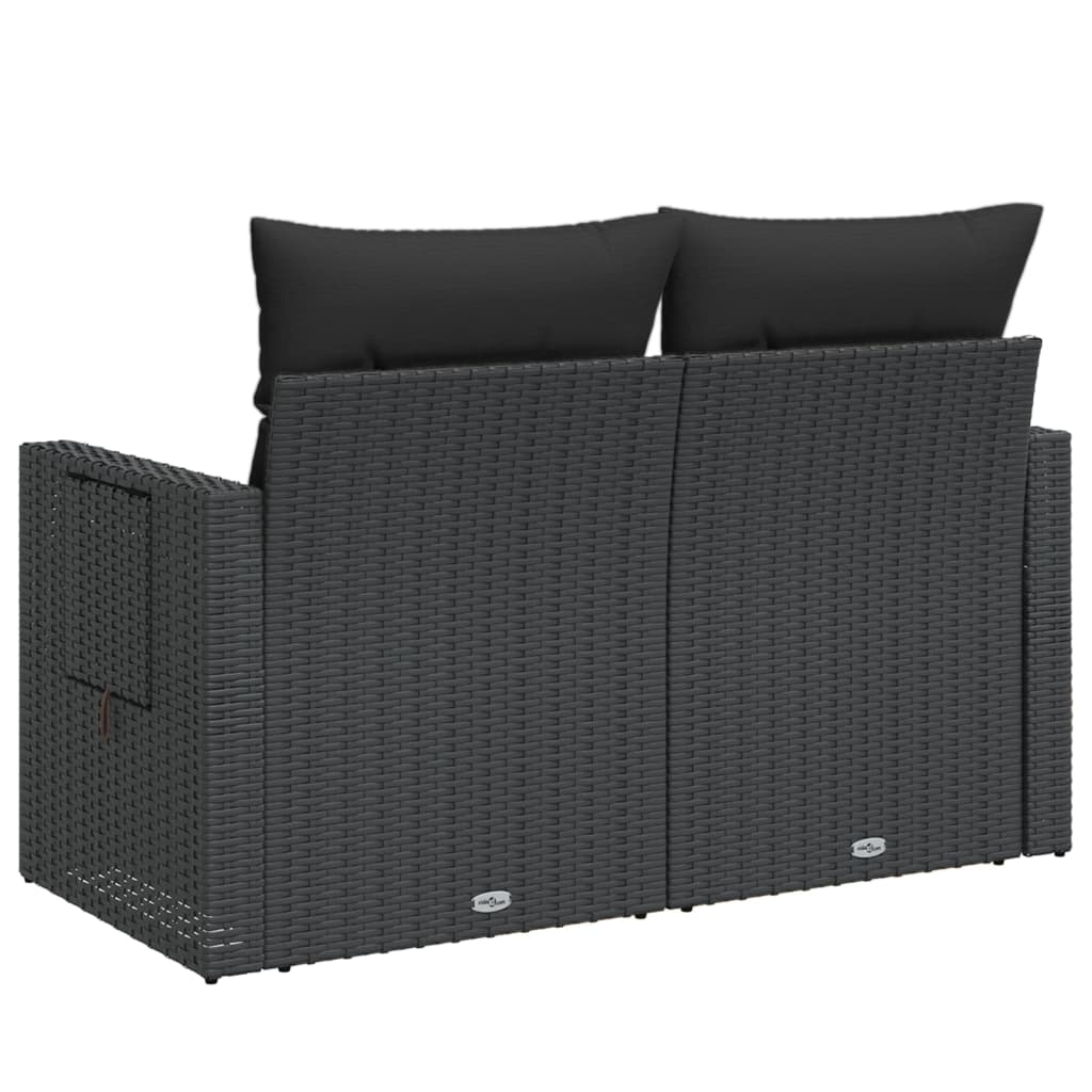 vidaXL Sofa ogrodowa z poduszkami, 2-osobowa, czarna, polirattan