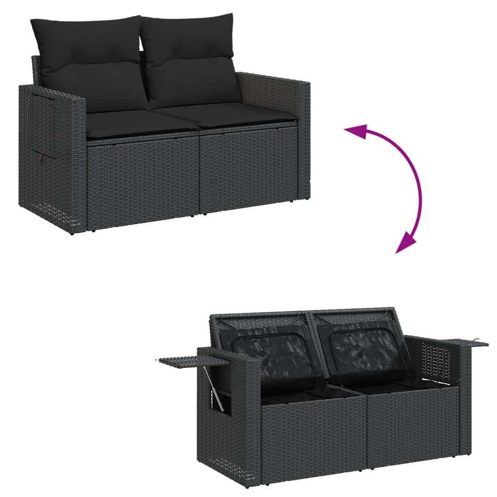 vidaXL Sofa ogrodowa z poduszkami, 2-osobowa, czarna, polirattan