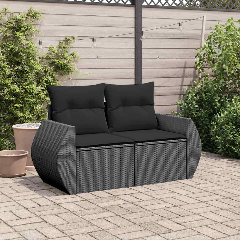 vidaXL Sofa ogrodowa z poduszkami, 2-osobowa, czarna, z polirattanu