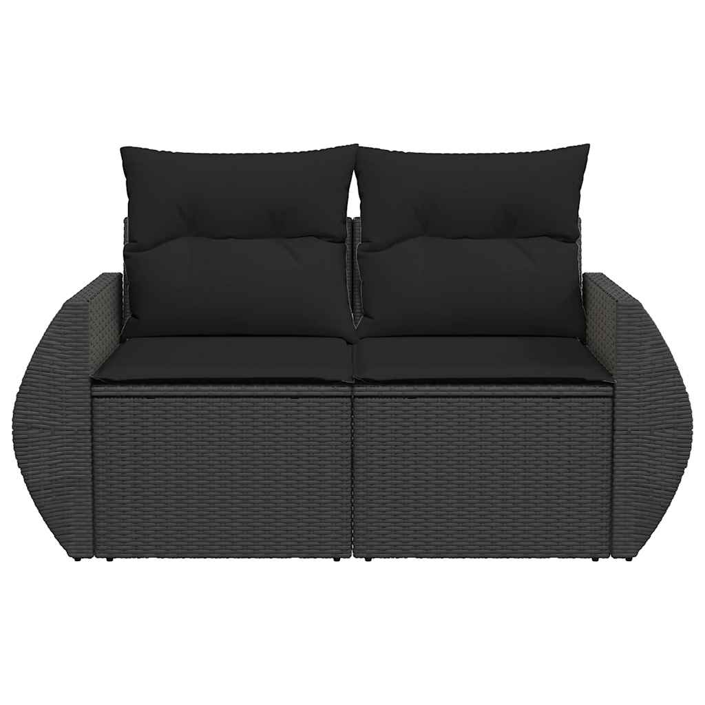vidaXL Sofa ogrodowa z poduszkami, 2-osobowa, czarna, z polirattanu