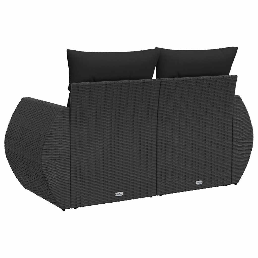 vidaXL Sofa ogrodowa z poduszkami, 2-osobowa, czarna, z polirattanu