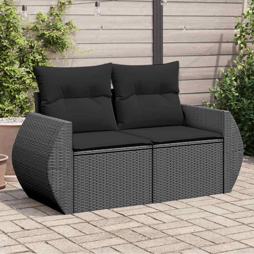 vidaXL Sofa ogrodowa z poduszkami, 2-osobowa, czarna, z polirattanu