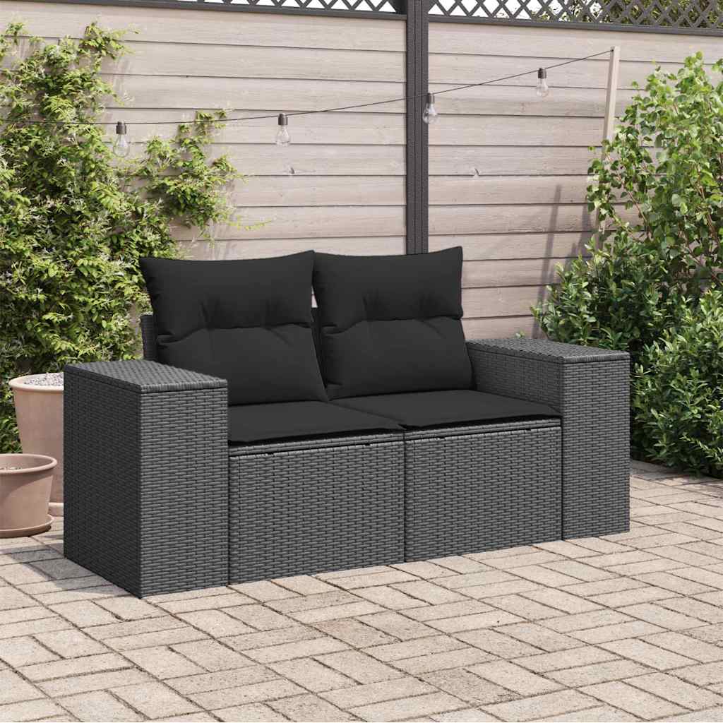 vidaXL Sofa ogrodowa z poduszkami, 2-osobowa, czarna, z polirattanu
