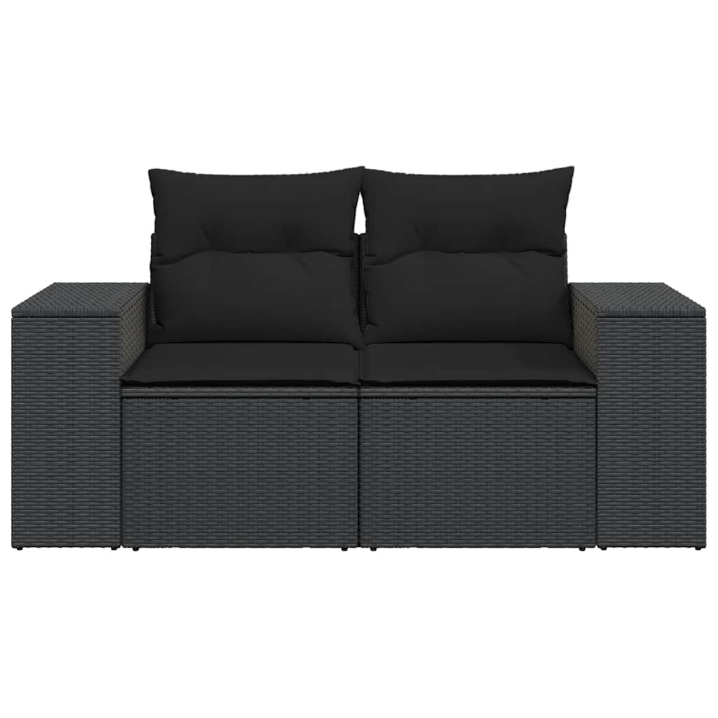 vidaXL Sofa ogrodowa z poduszkami, 2-osobowa, czarna, z polirattanu