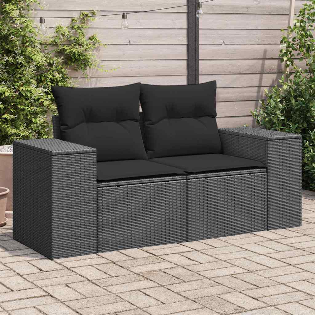 vidaXL Sofa ogrodowa z poduszkami, 2-osobowa, czarna, z polirattanu