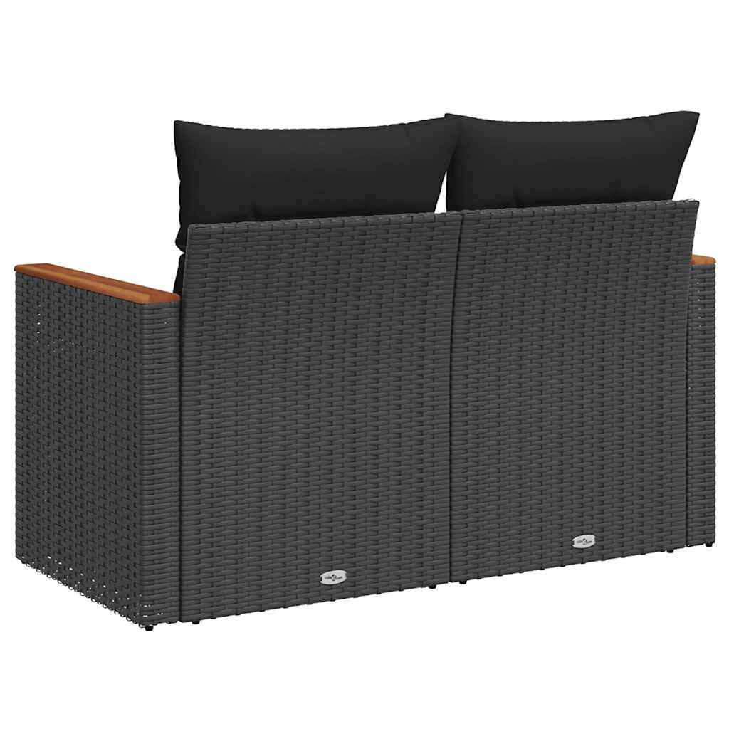 vidaXL Sofa ogrodowa z poduszkami, 2-osobowa, czarna, polirattan