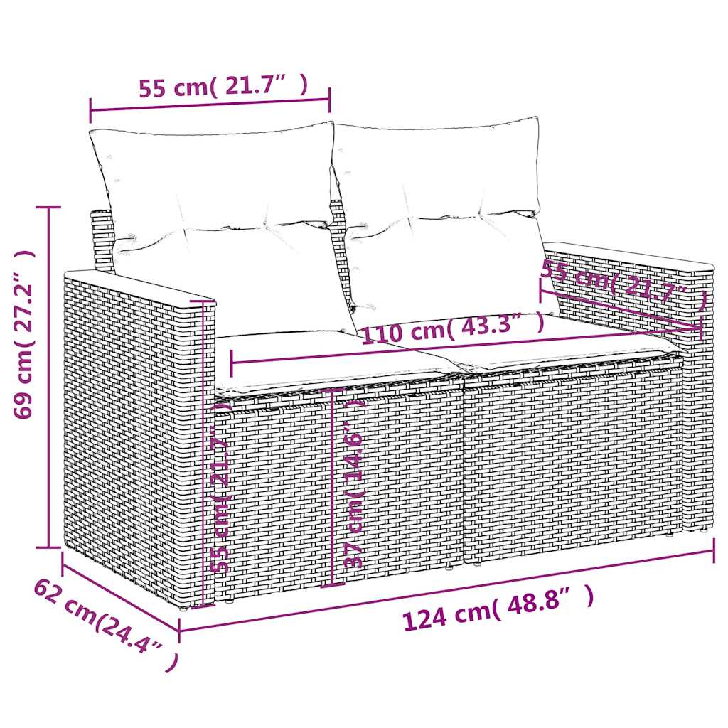 vidaXL Sofa ogrodowa z poduszkami, 2-osobowa, czarna, polirattan