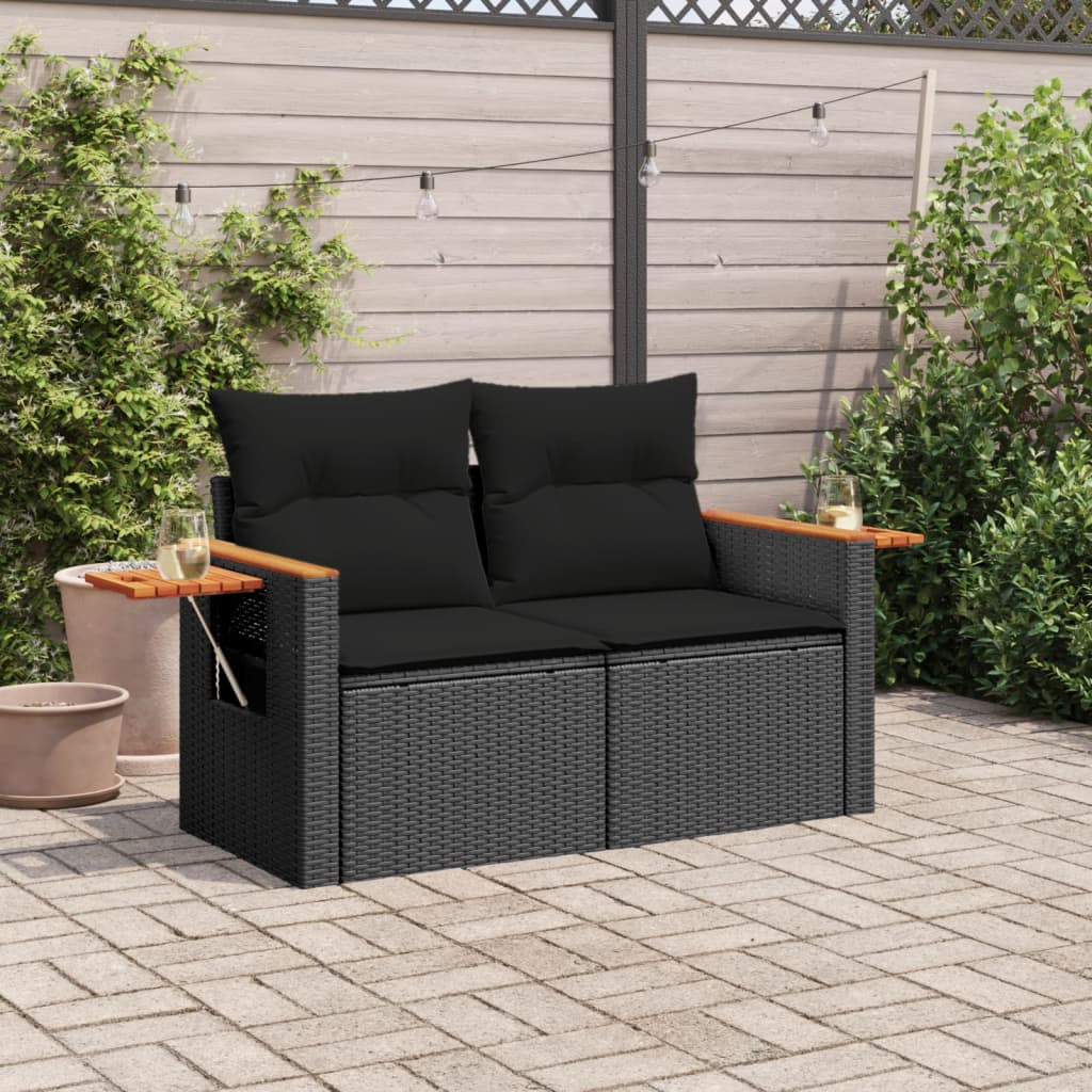 vidaXL Sofa ogrodowa z poduszkami, 2-osobowa, czarna, polirattan