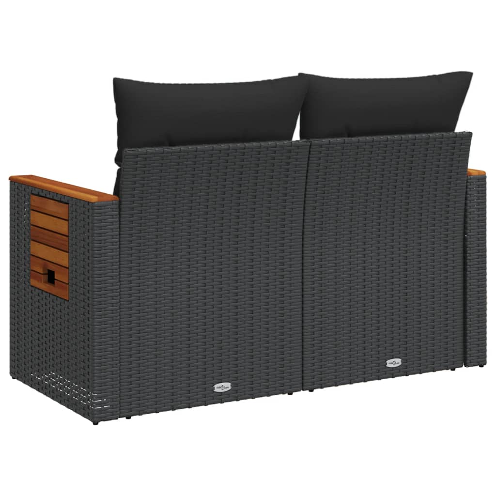 vidaXL Sofa ogrodowa z poduszkami, 2-osobowa, czarna, polirattan