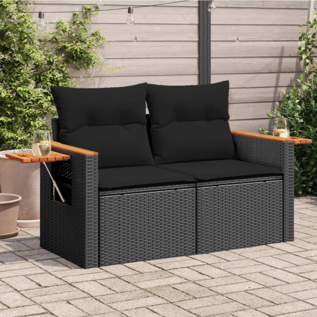 vidaXL Sofa ogrodowa z poduszkami, 2-osobowa, czarna, polirattan