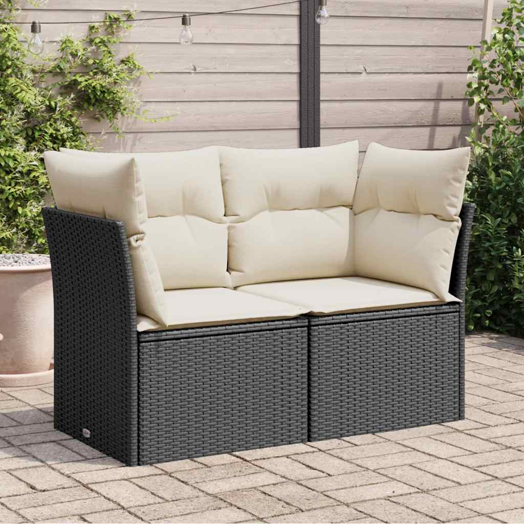 vidaXL Sofa ogrodowa z poduszkami, 2-osobowa, czarna, polirattan