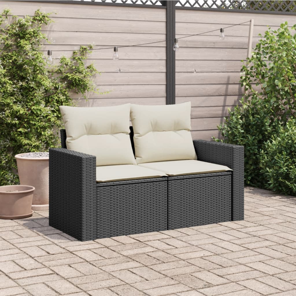 vidaXL Sofa ogrodowa z poduszkami, 2-osobowa, czarna, polirattan
