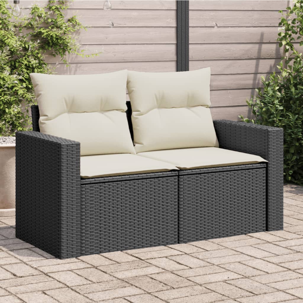 vidaXL Sofa ogrodowa z poduszkami, 2-osobowa, czarna, polirattan