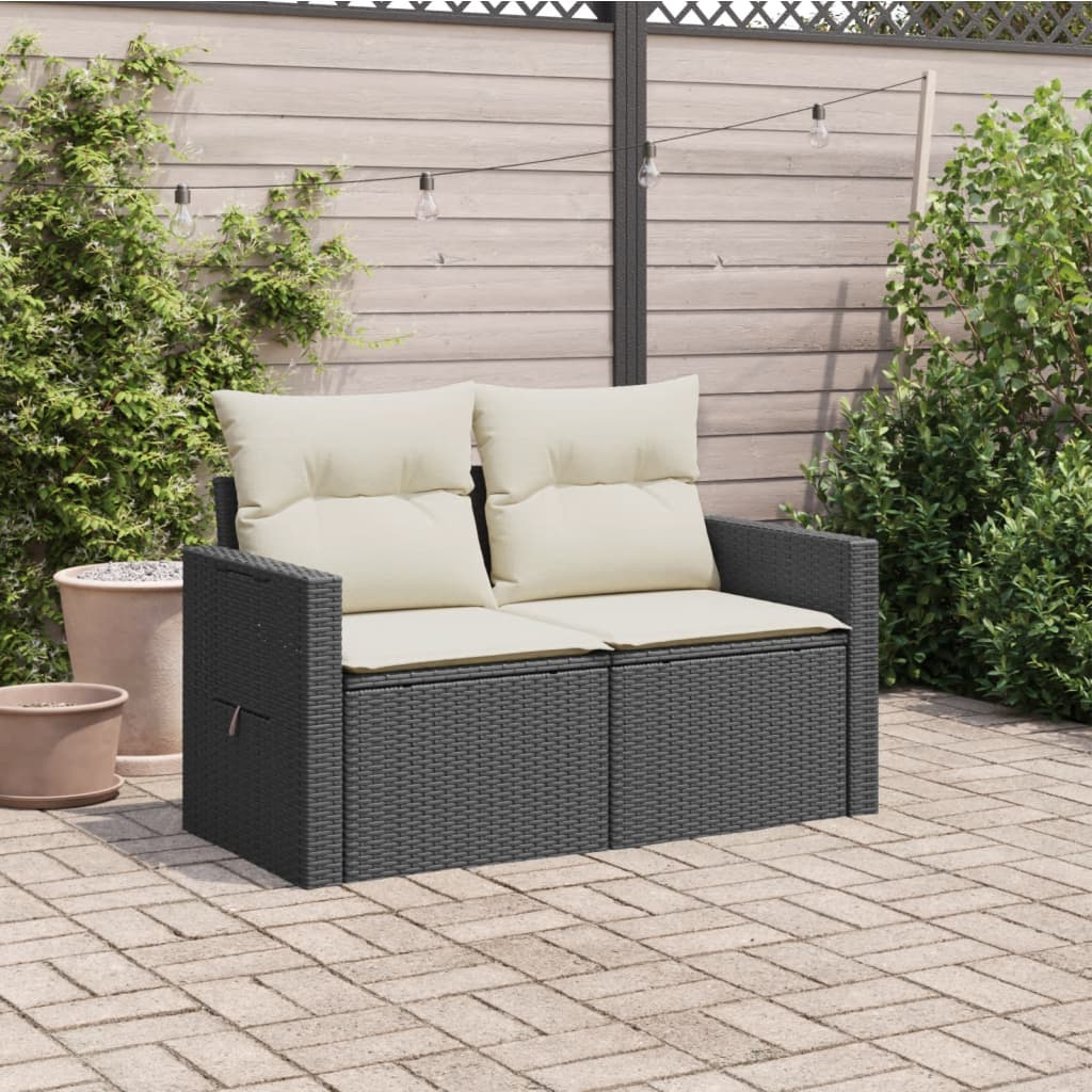 vidaXL Sofa ogrodowa z poduszkami, 2-osobowa, czarna, polirattan