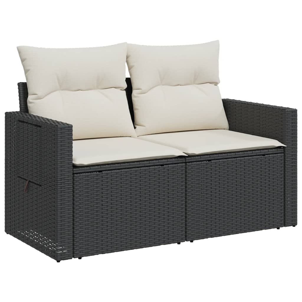 vidaXL Sofa ogrodowa z poduszkami, 2-osobowa, czarna, polirattan