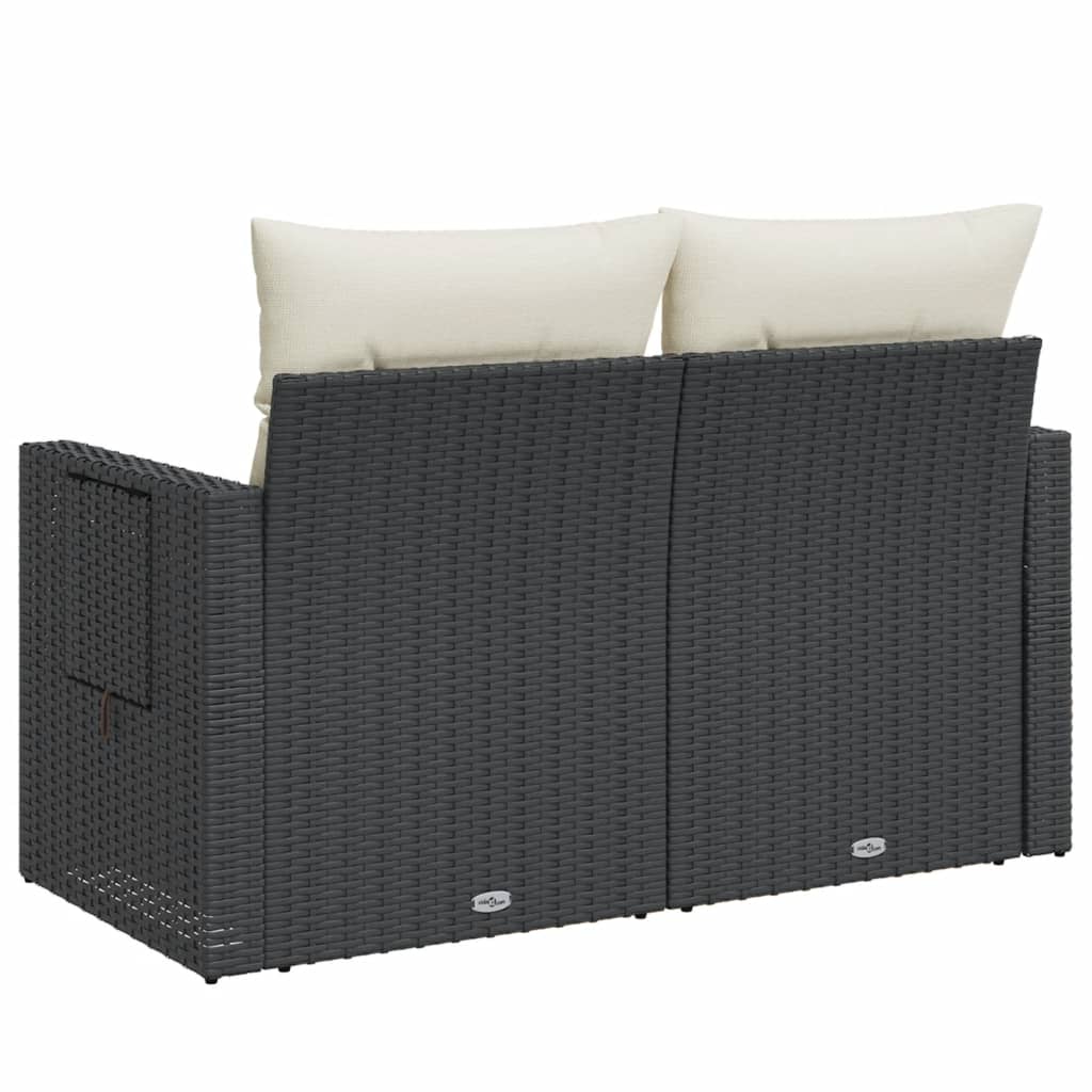 vidaXL Sofa ogrodowa z poduszkami, 2-osobowa, czarna, polirattan
