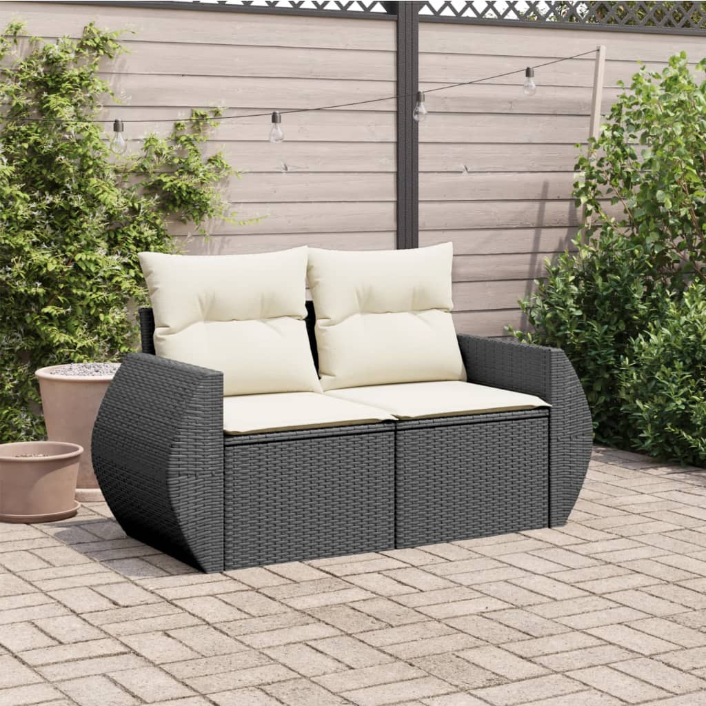 vidaXL Sofa ogrodowa z poduszkami, 2-osobowa, czarna, polirattan