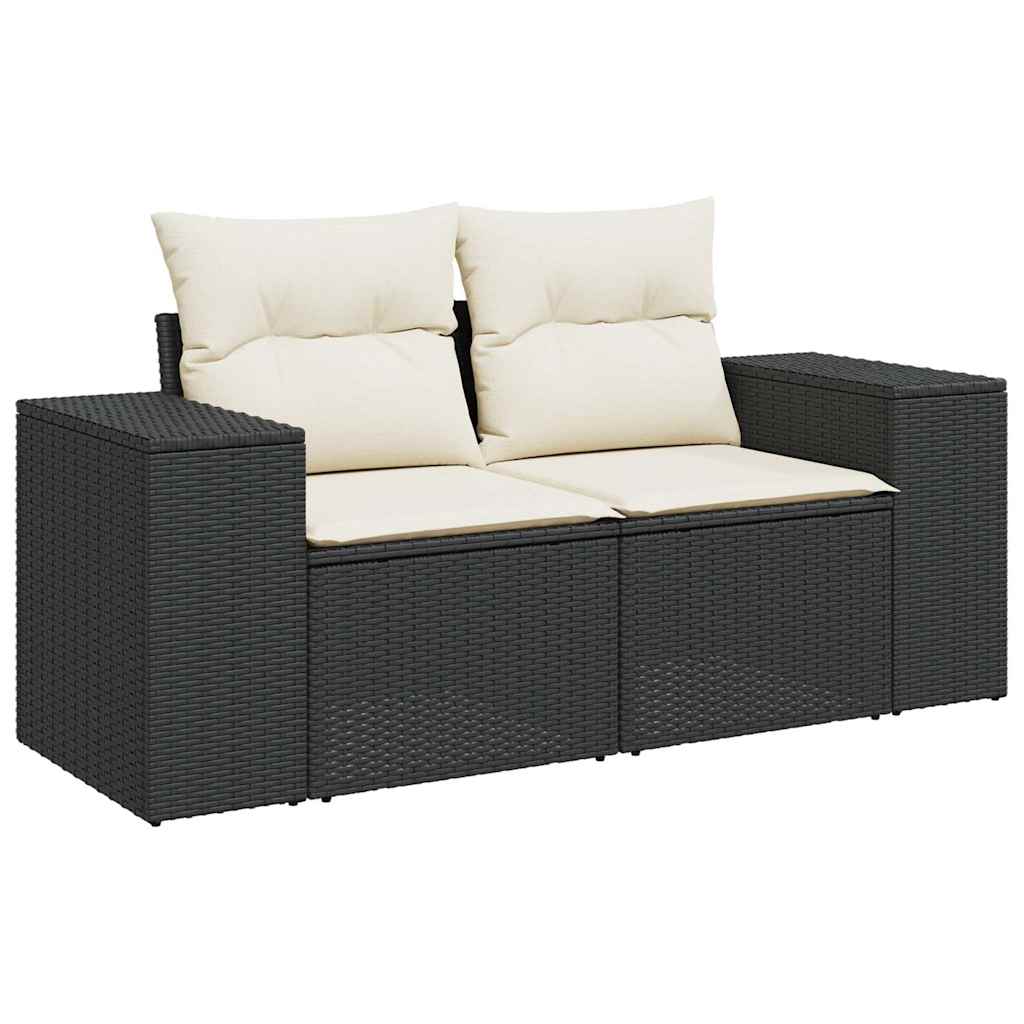 vidaXL Sofa ogrodowa z poduszkami, 2-osobowa, czarna, polirattan