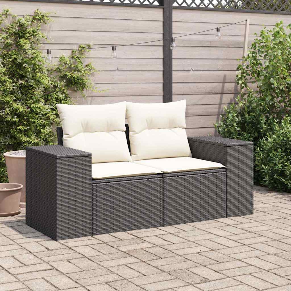 vidaXL Sofa ogrodowa z poduszkami, 2-osobowa, czarna, polirattan