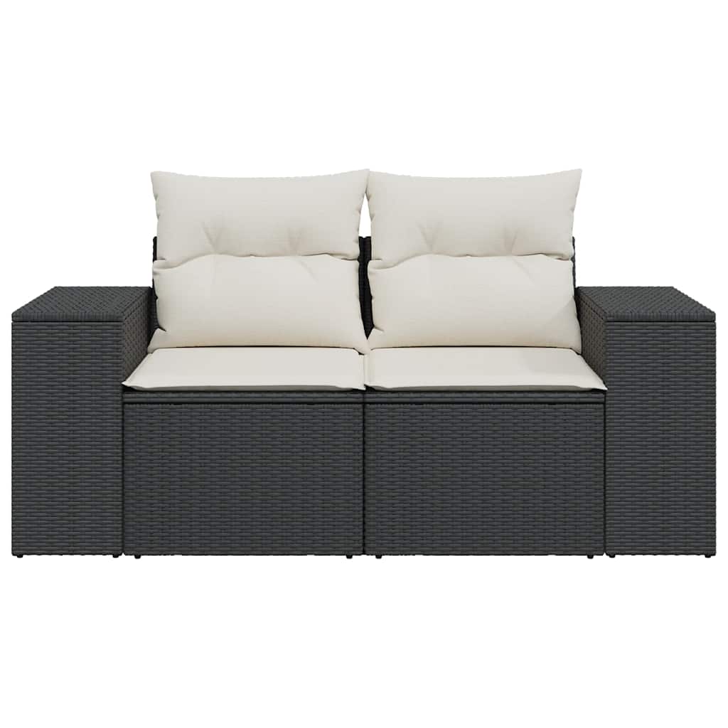 vidaXL Sofa ogrodowa z poduszkami, 2-osobowa, czarna, polirattan