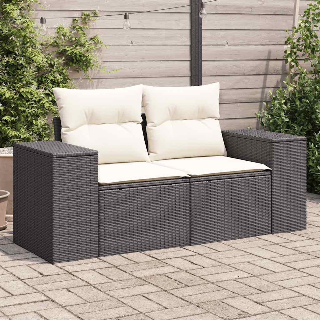 vidaXL Sofa ogrodowa z poduszkami, 2-osobowa, czarna, polirattan