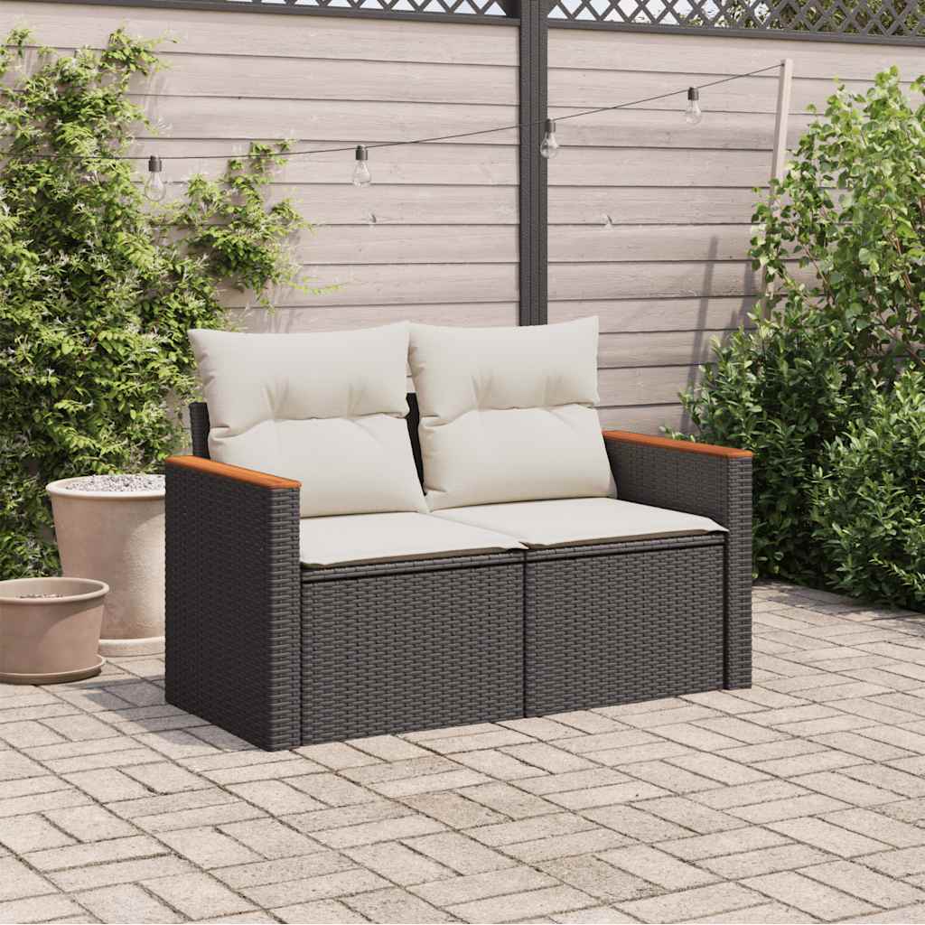 vidaXL Sofa ogrodowa z poduszkami, 2-osobowa, czarna, polirattan