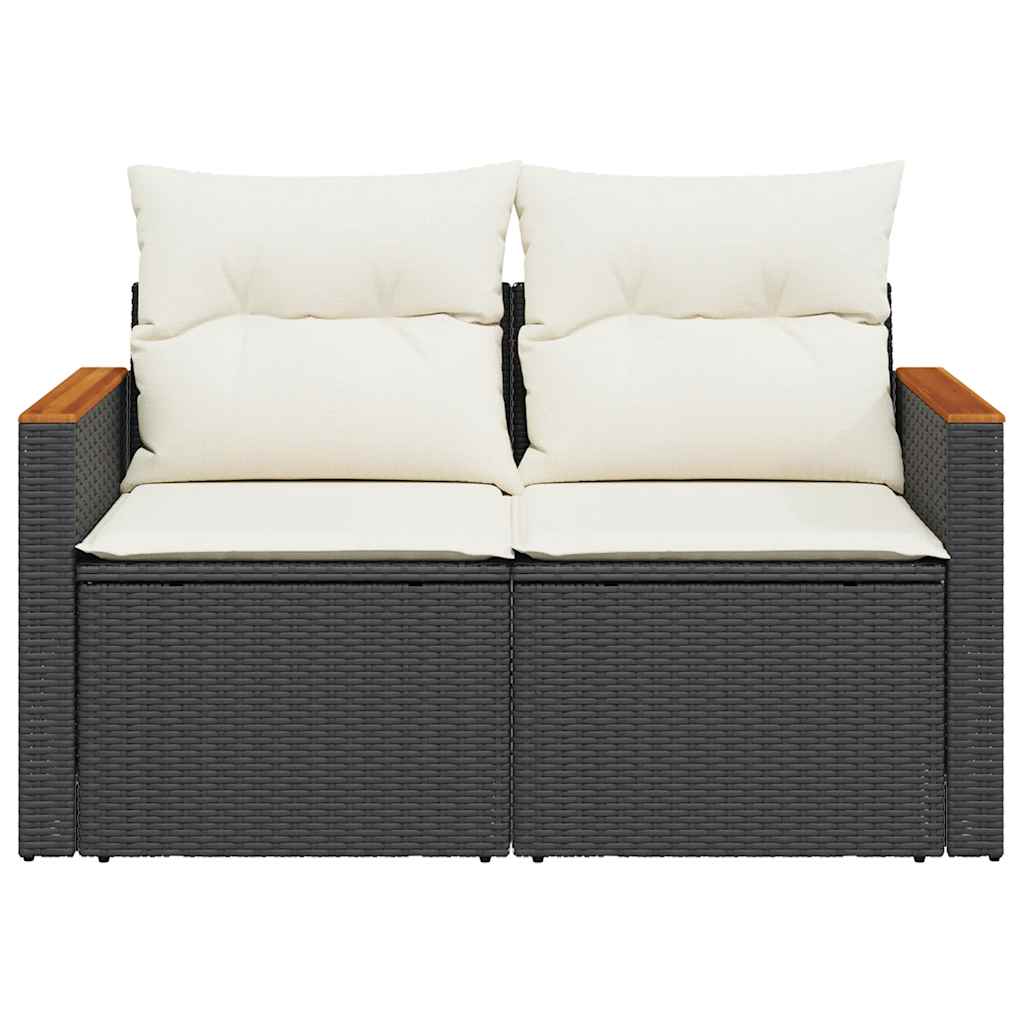 vidaXL Sofa ogrodowa z poduszkami, 2-osobowa, czarna, polirattan