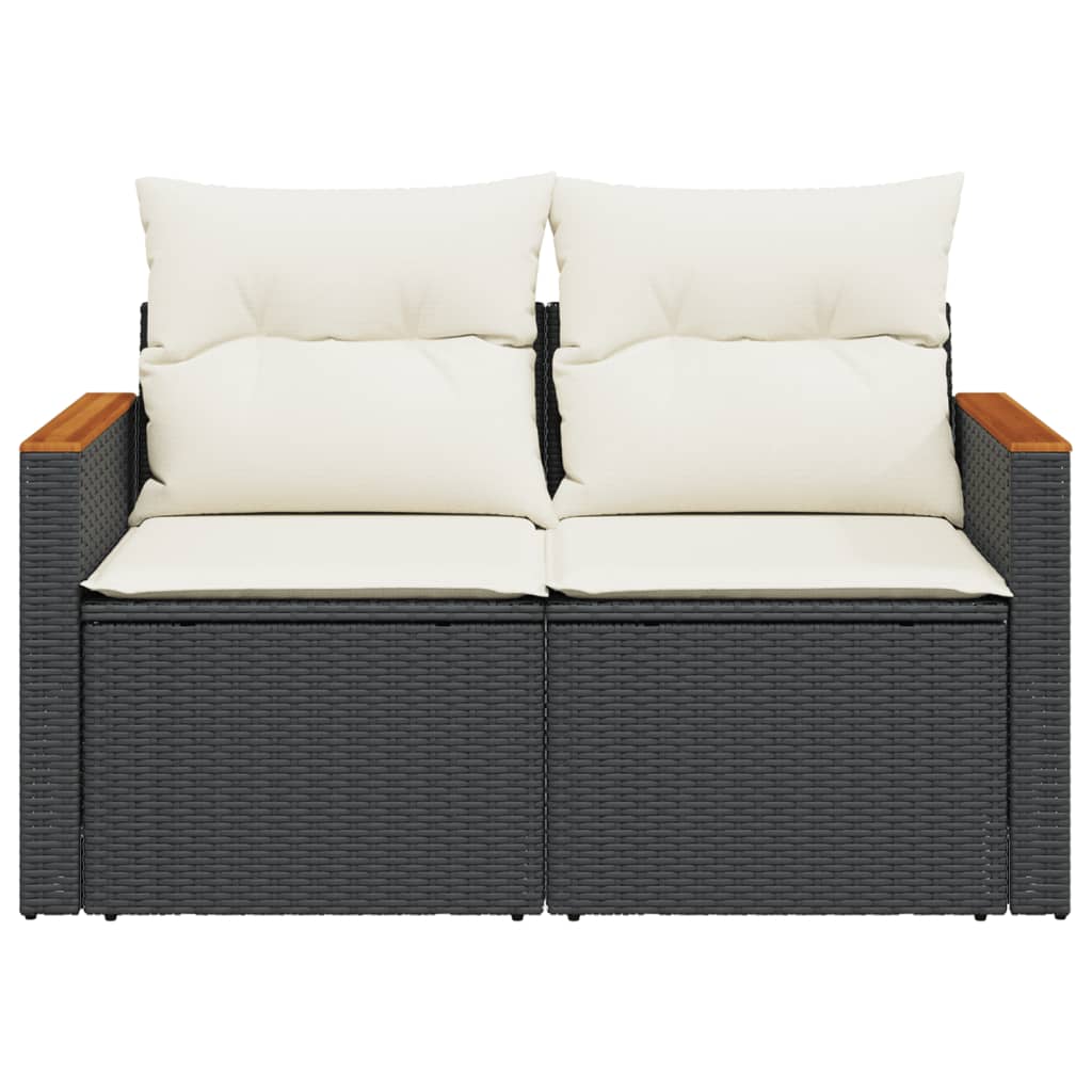 vidaXL Sofa ogrodowa z poduszkami, 2-osobowa, czarna, polirattan