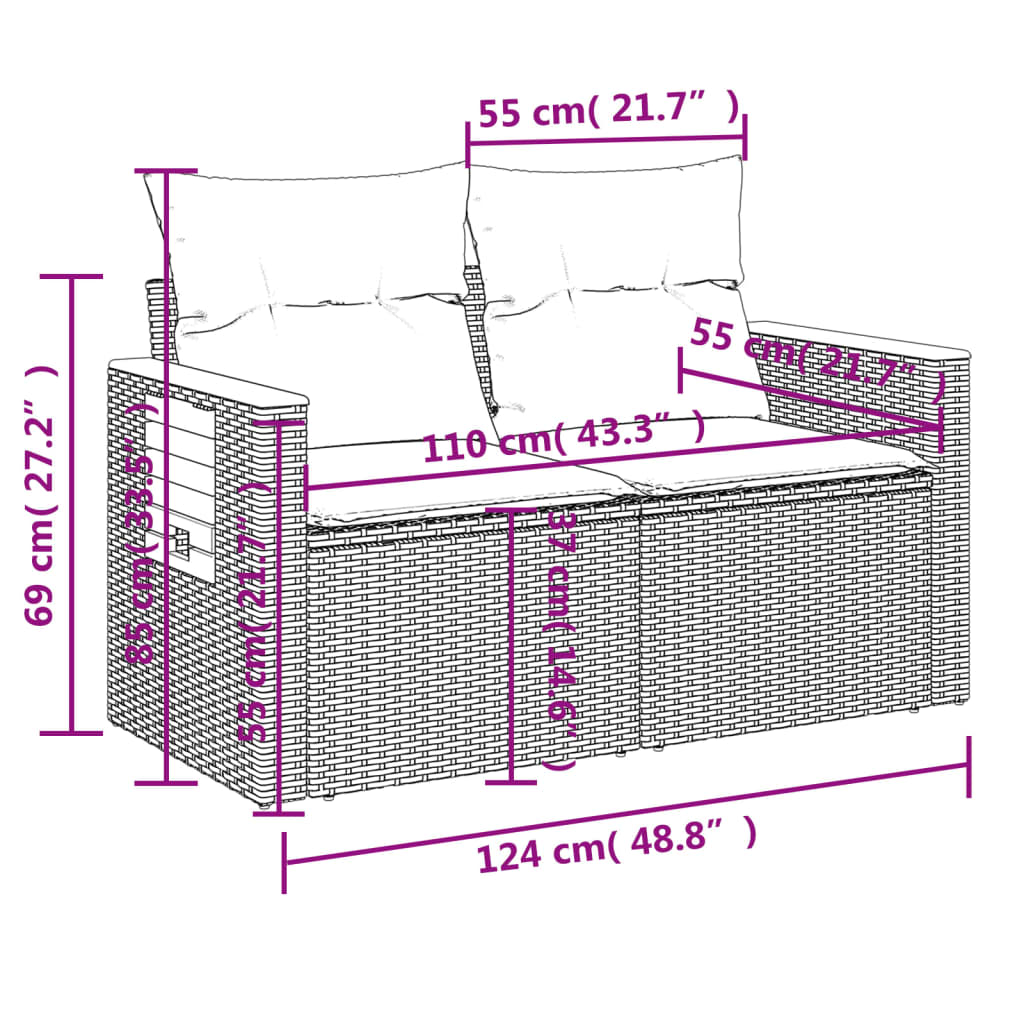 vidaXL Sofa ogrodowa z poduszkami, 2-osobowa, czarna, polirattan