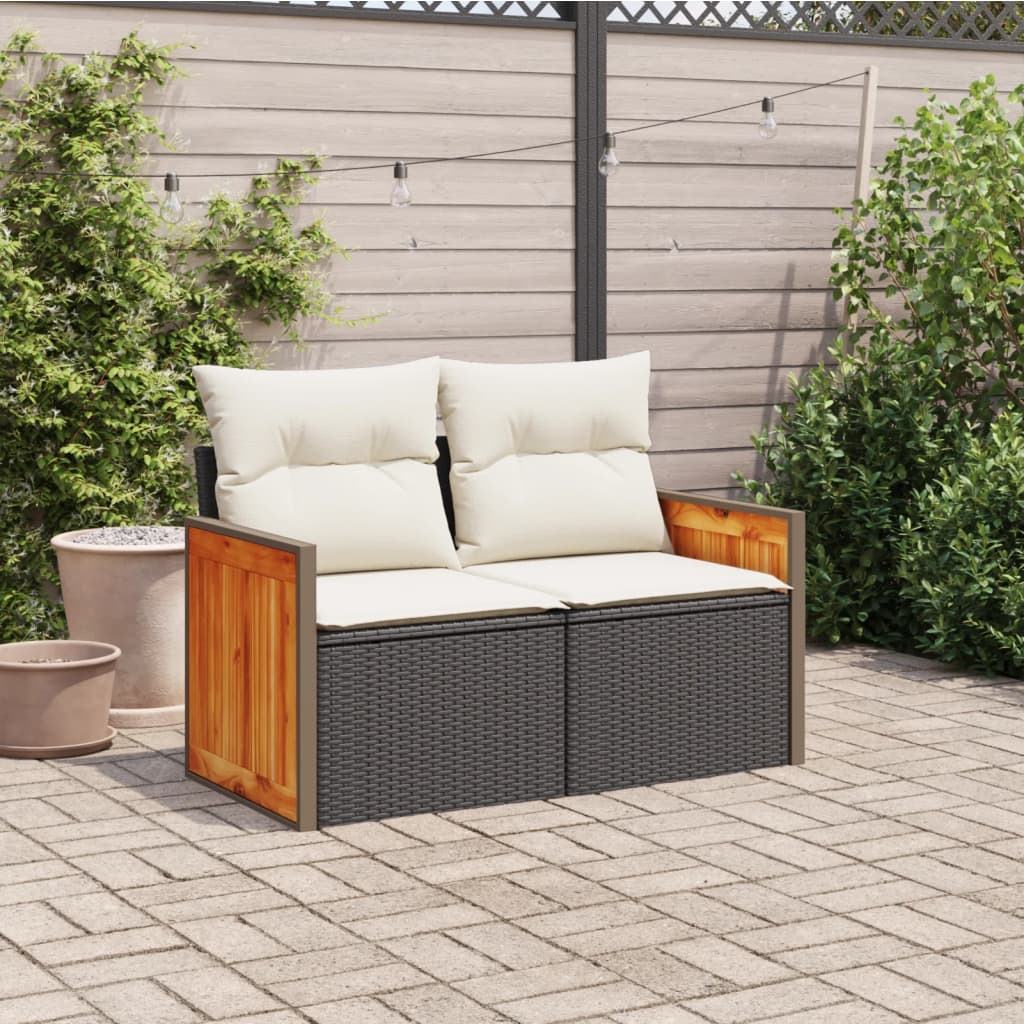 vidaXL Sofa ogrodowa z poduszkami, 2-osobowa, czarna, polirattan