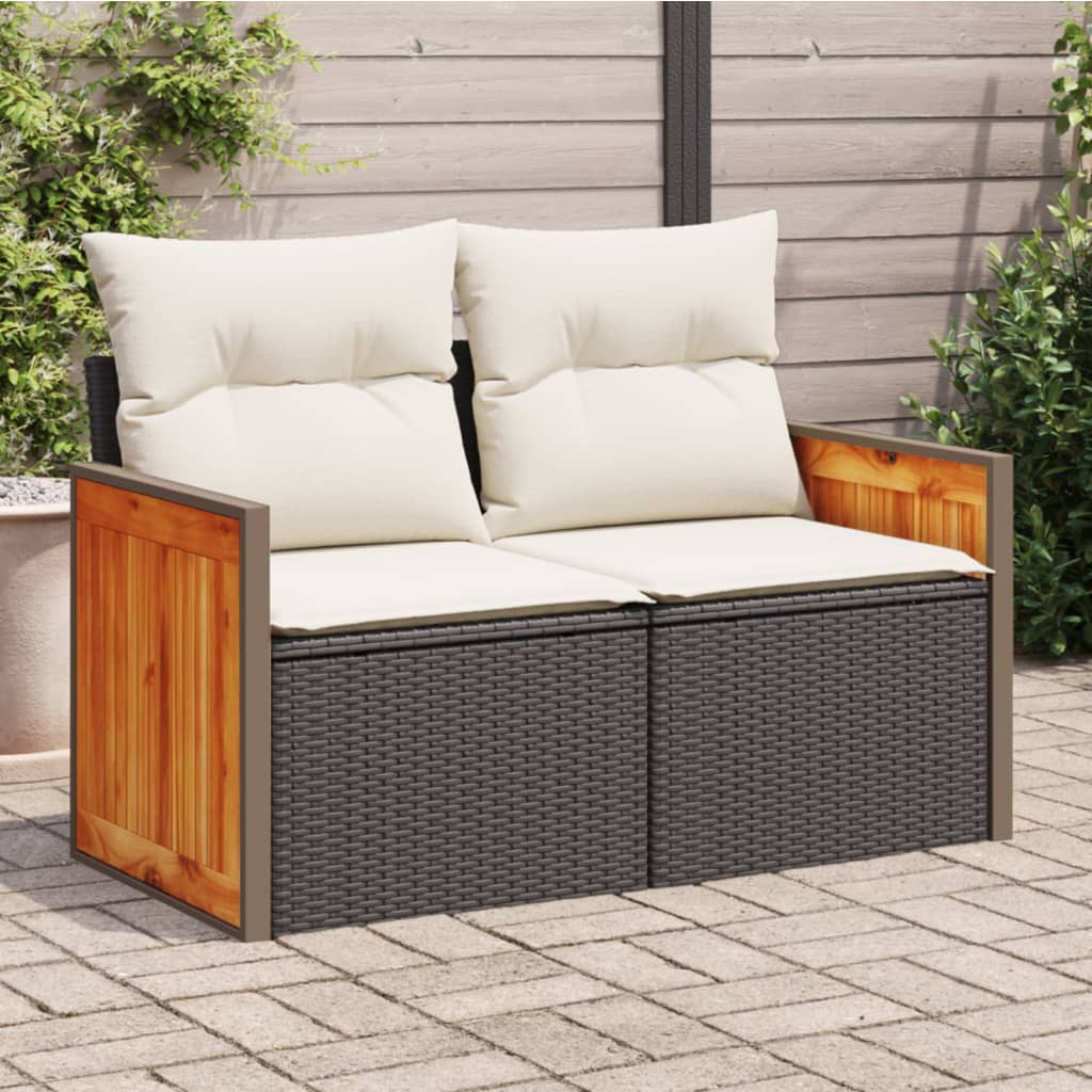 vidaXL Sofa ogrodowa z poduszkami, 2-osobowa, czarna, polirattan