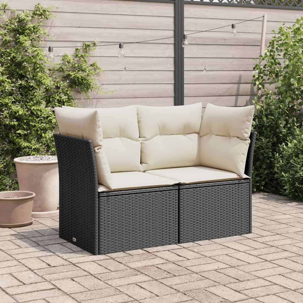vidaXL Sofa ogrodowa z poduszkami, 2-osobowa, czarna, polirattan