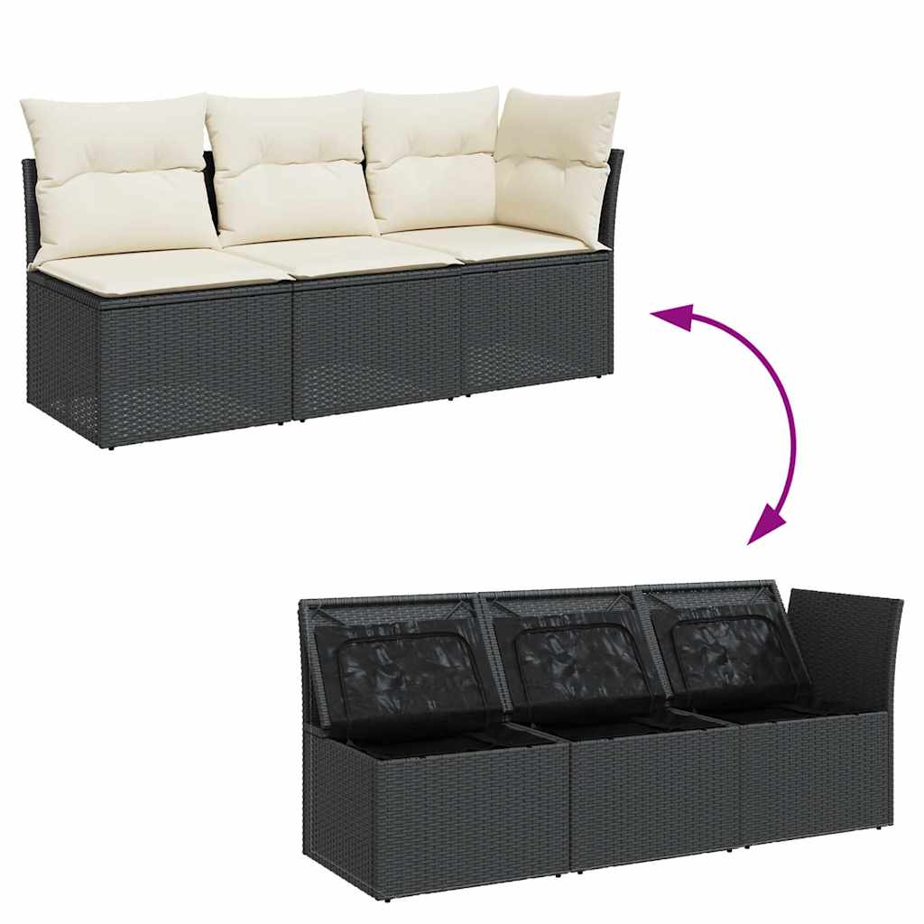 vidaXL Sofa ogrodowa z poduszkami, 3-osobowa, czarna, polirattan