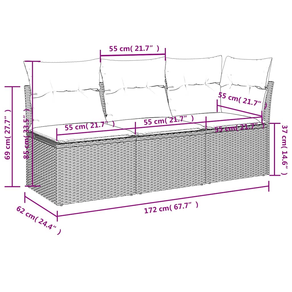 vidaXL Sofa ogrodowa z poduszkami, 3-osobowa, czarna, polirattan