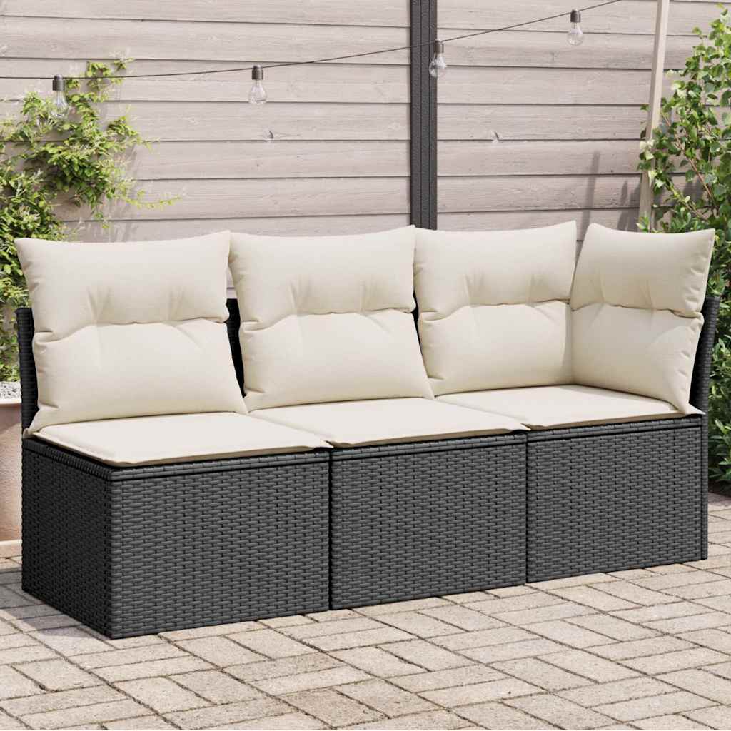 vidaXL Sofa ogrodowa z poduszkami, 3-osobowa, czarna, polirattan