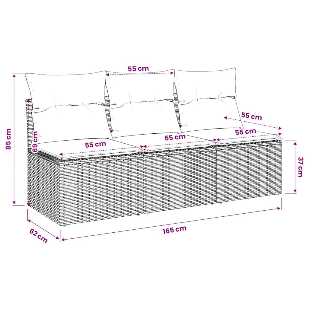 vidaXL Sofa ogrodowa z poduszkami, 3-osobowa, czarna, polirattan