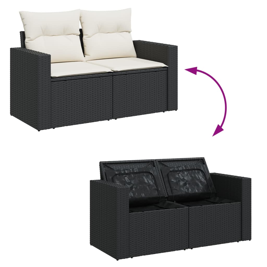 vidaXL Sofa ogrodowa z poduszkami, 2-osobowa, czarna, polirattan